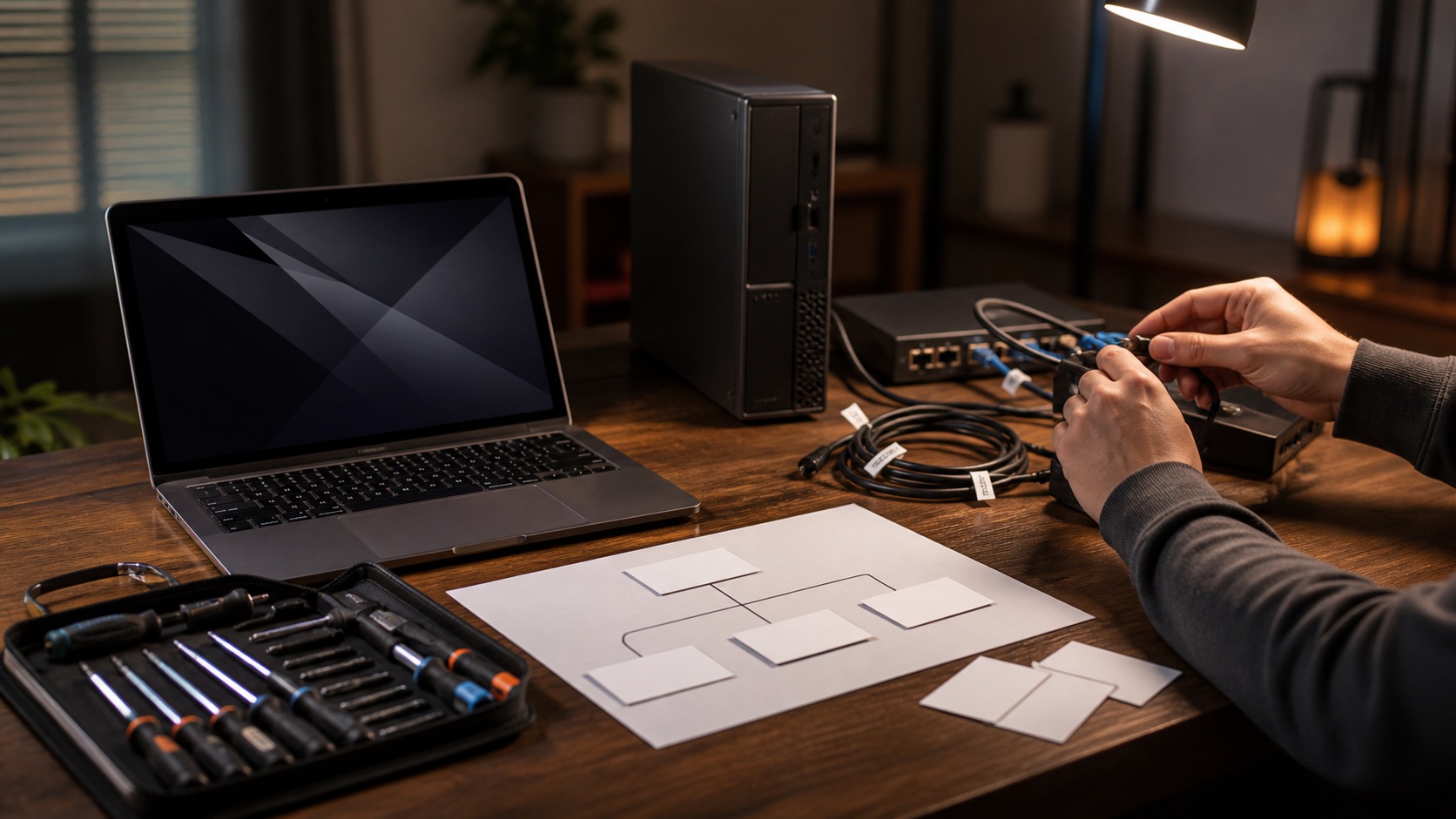 A home IT support practice desk with non-branded computer equipment and cable tools