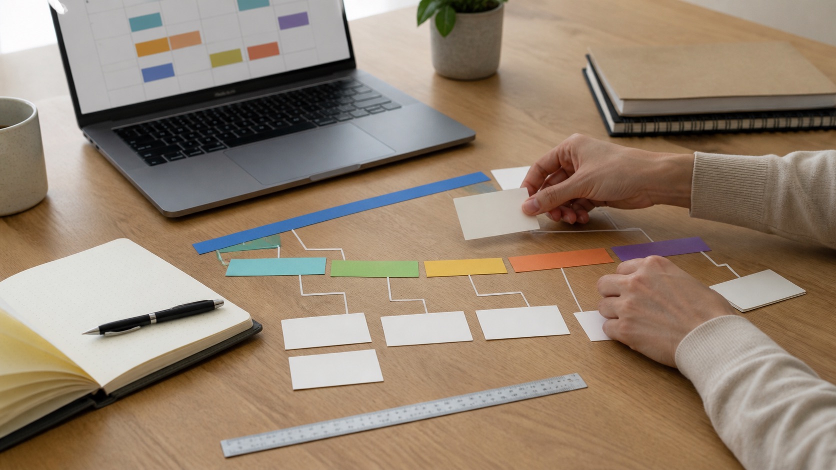 A learner arranging a fictional project milestone plan with blank cards