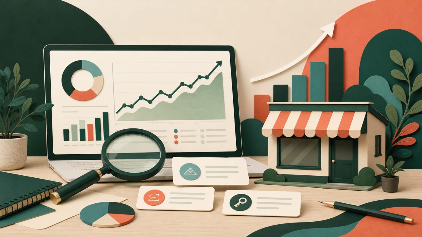 Editorial illustration of an SEO research workflow