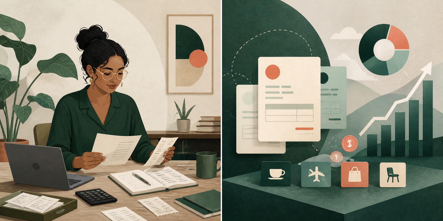 A freelancer organizing invoices, receipts, and business records