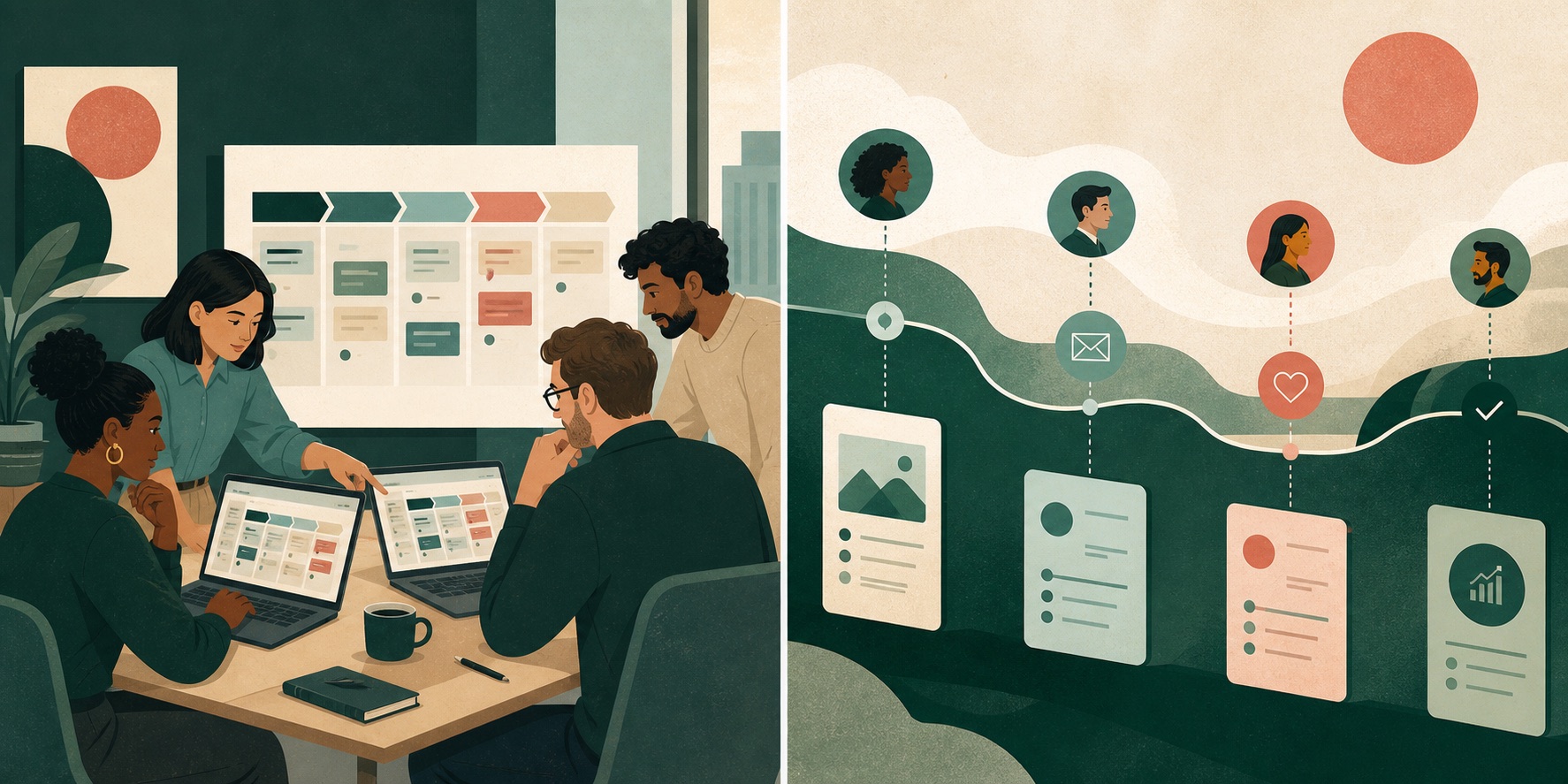A small sales team collaborating around a visual deal pipeline