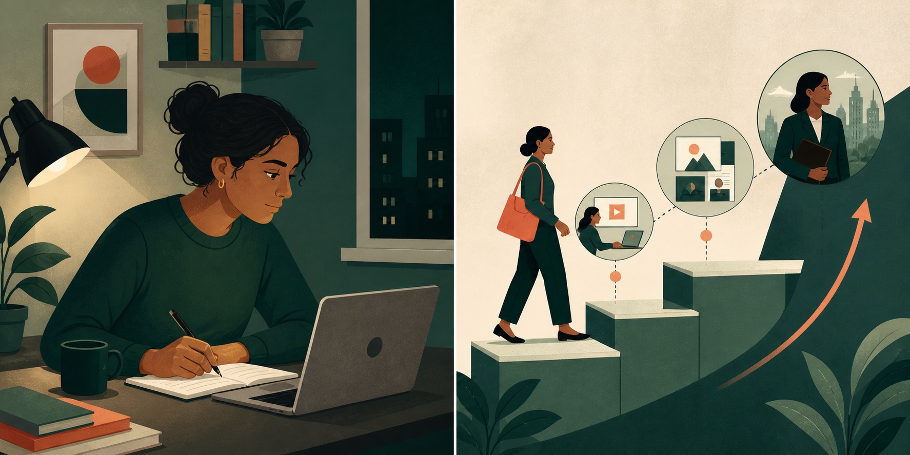 An adult learner studying online after work