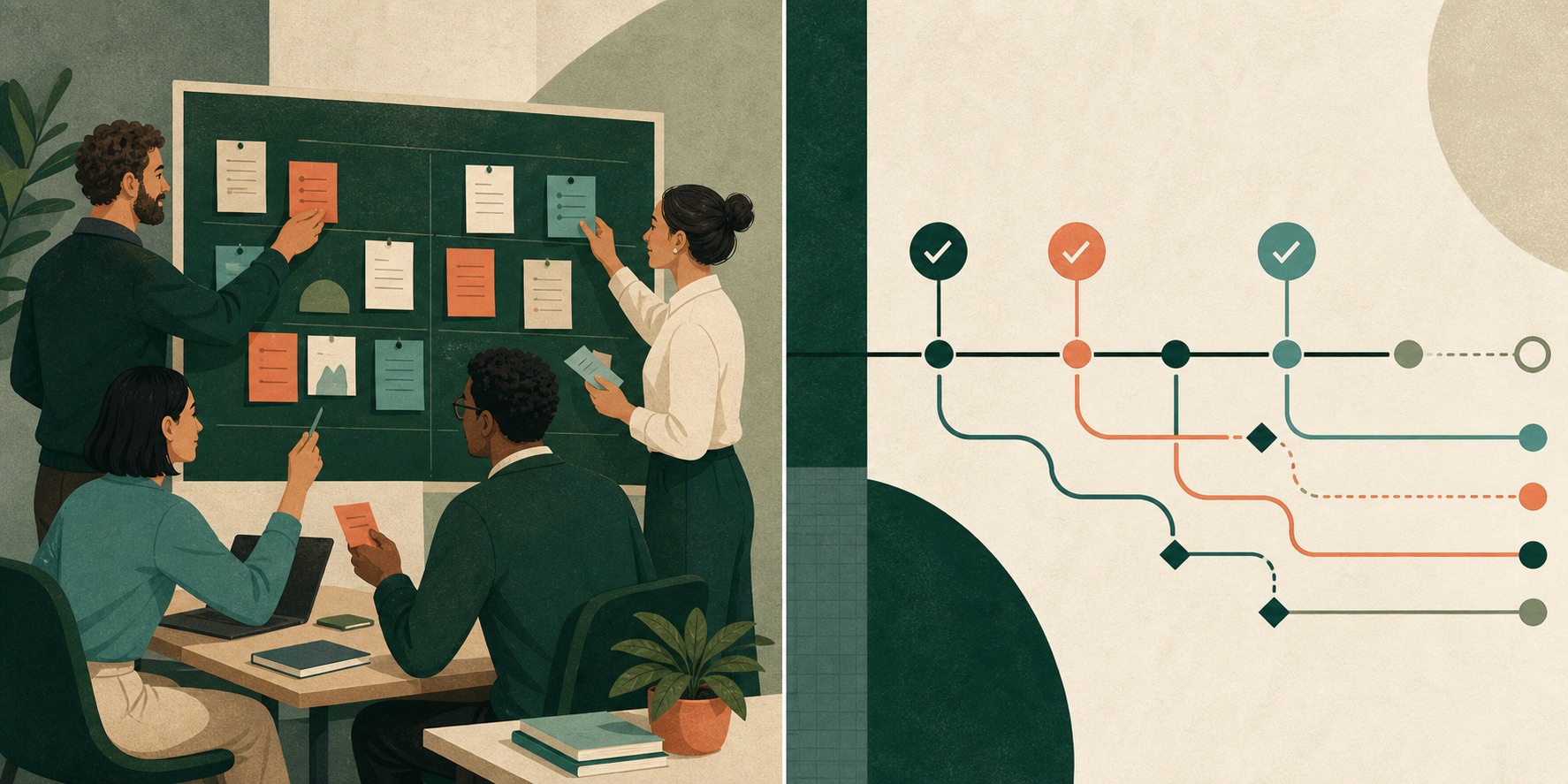 A small team organizing project work on a shared task board