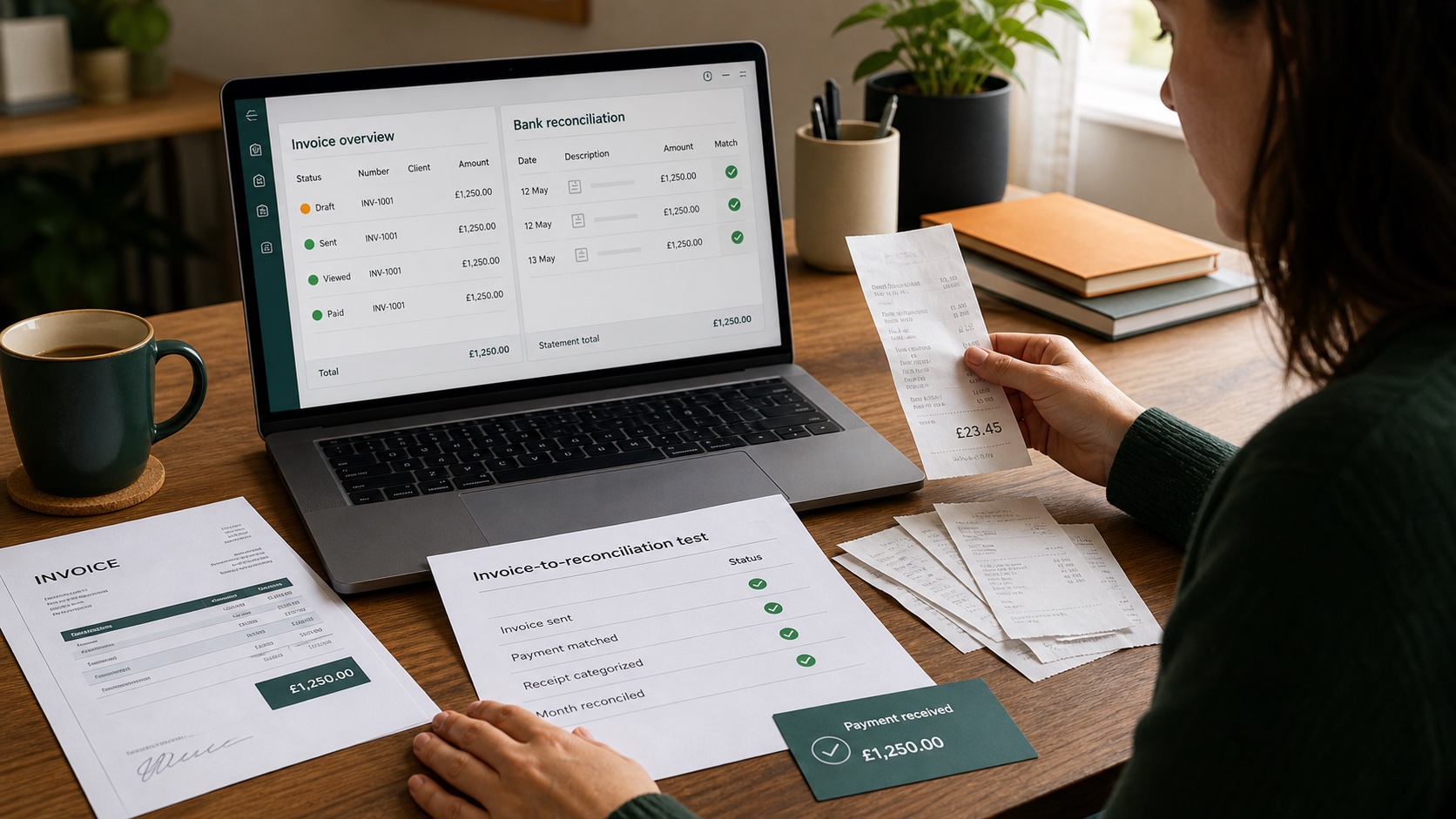 Freelancer testing an invoice, payment match, receipt category, and bank reconciliation workflow