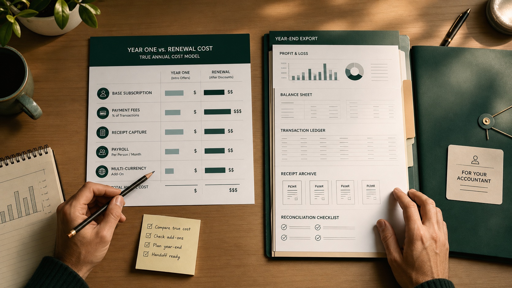 Freelancer comparing renewal cost and preparing a reconciled year-end export for an accountant