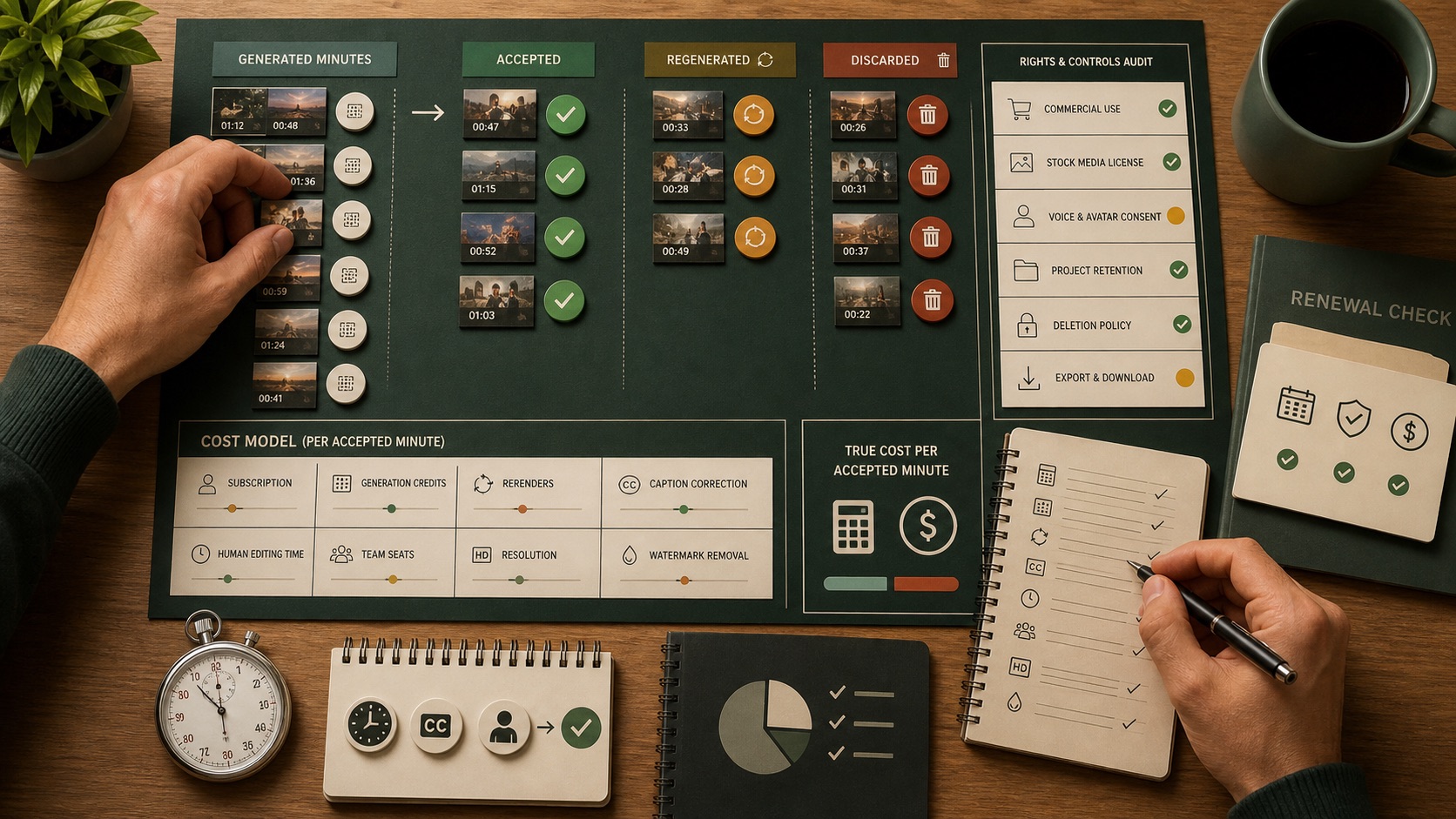 Producer auditing accepted video minutes, rerender cost, commercial rights, consent, and data controls