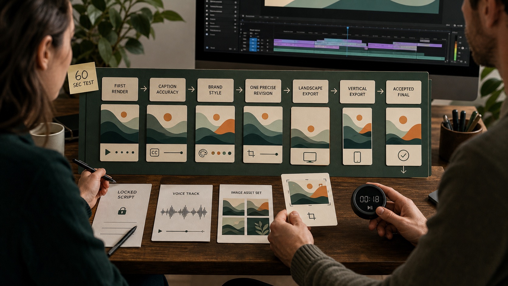 Creative team testing a fixed script through render, captions, revision, and multi-format export