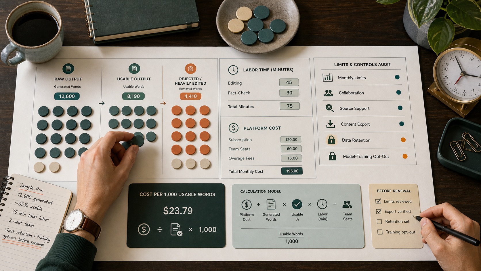 Editorial audit of usable output, labor time, platform cost, limits, and AI data controls