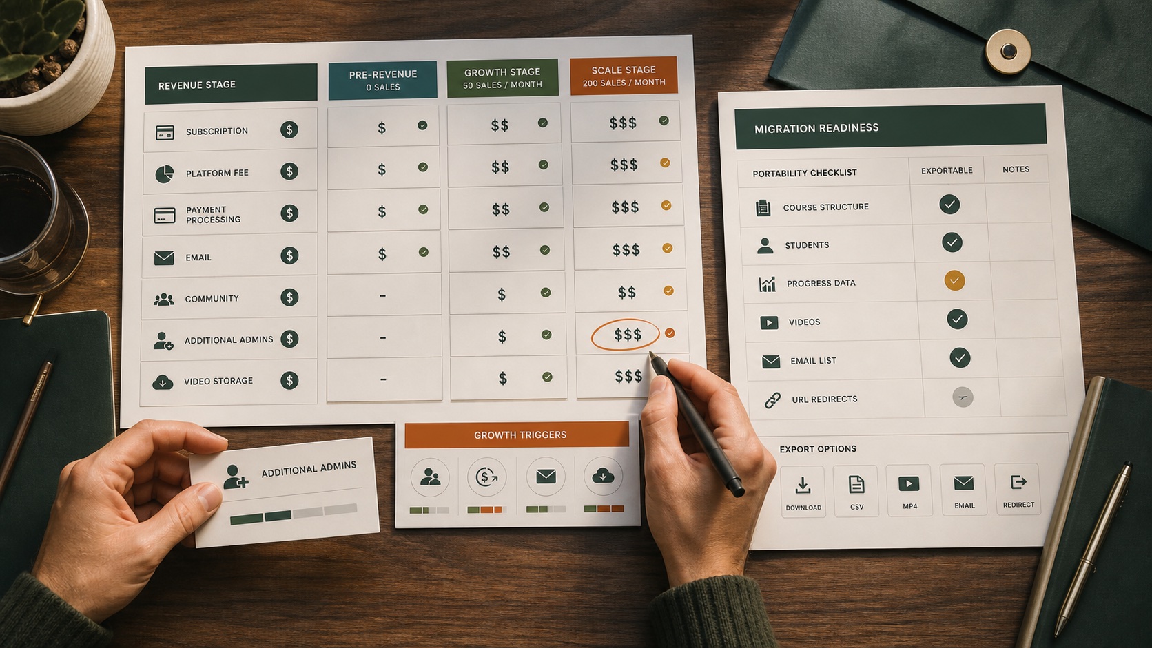 Course creator auditing stage-based platform cost, growth triggers, and migration readiness