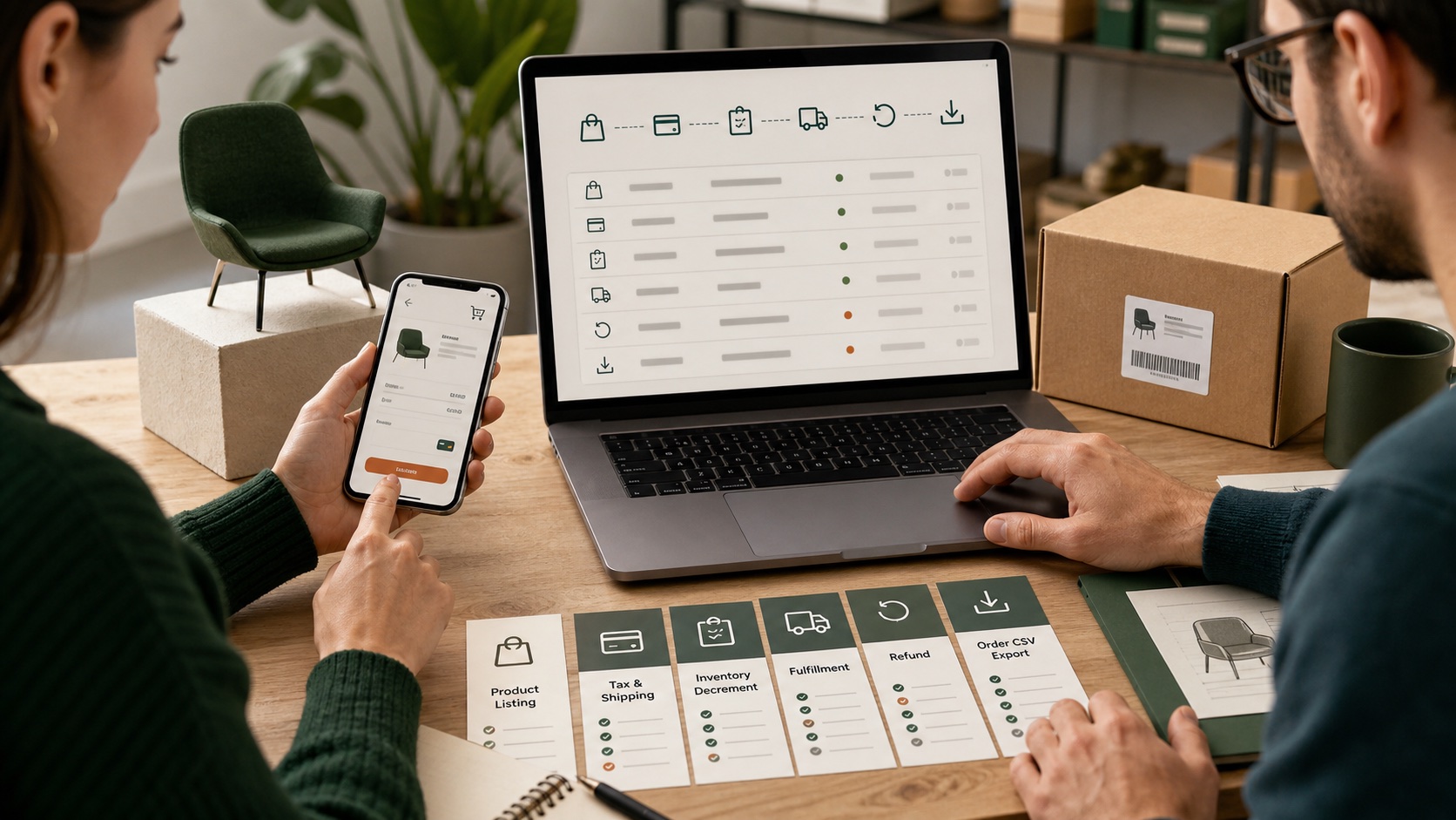 Small-business team testing product setup, mobile checkout, fulfillment, refund, and order export