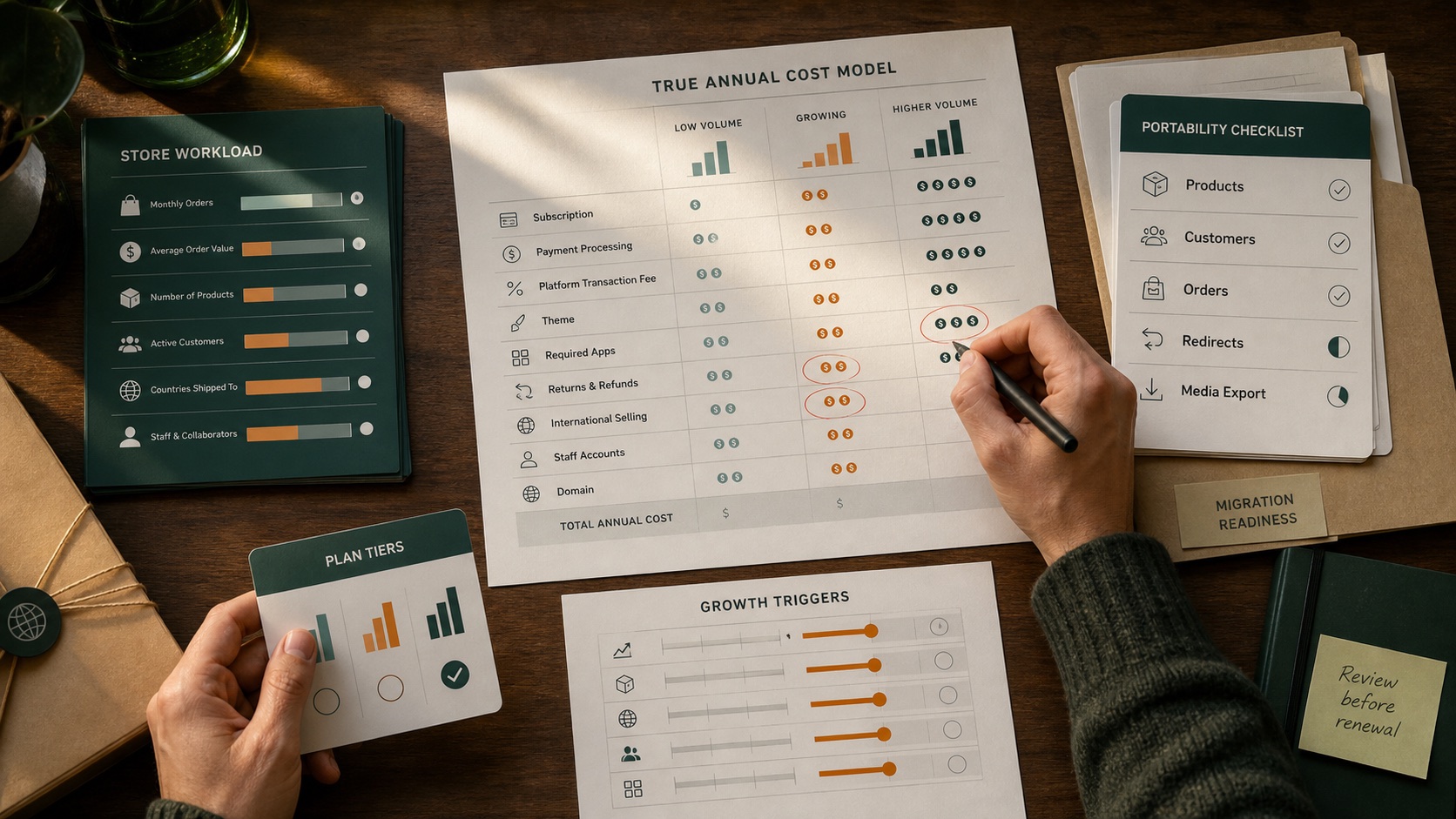 Store owner auditing true annual platform cost, growth triggers, and migration readiness