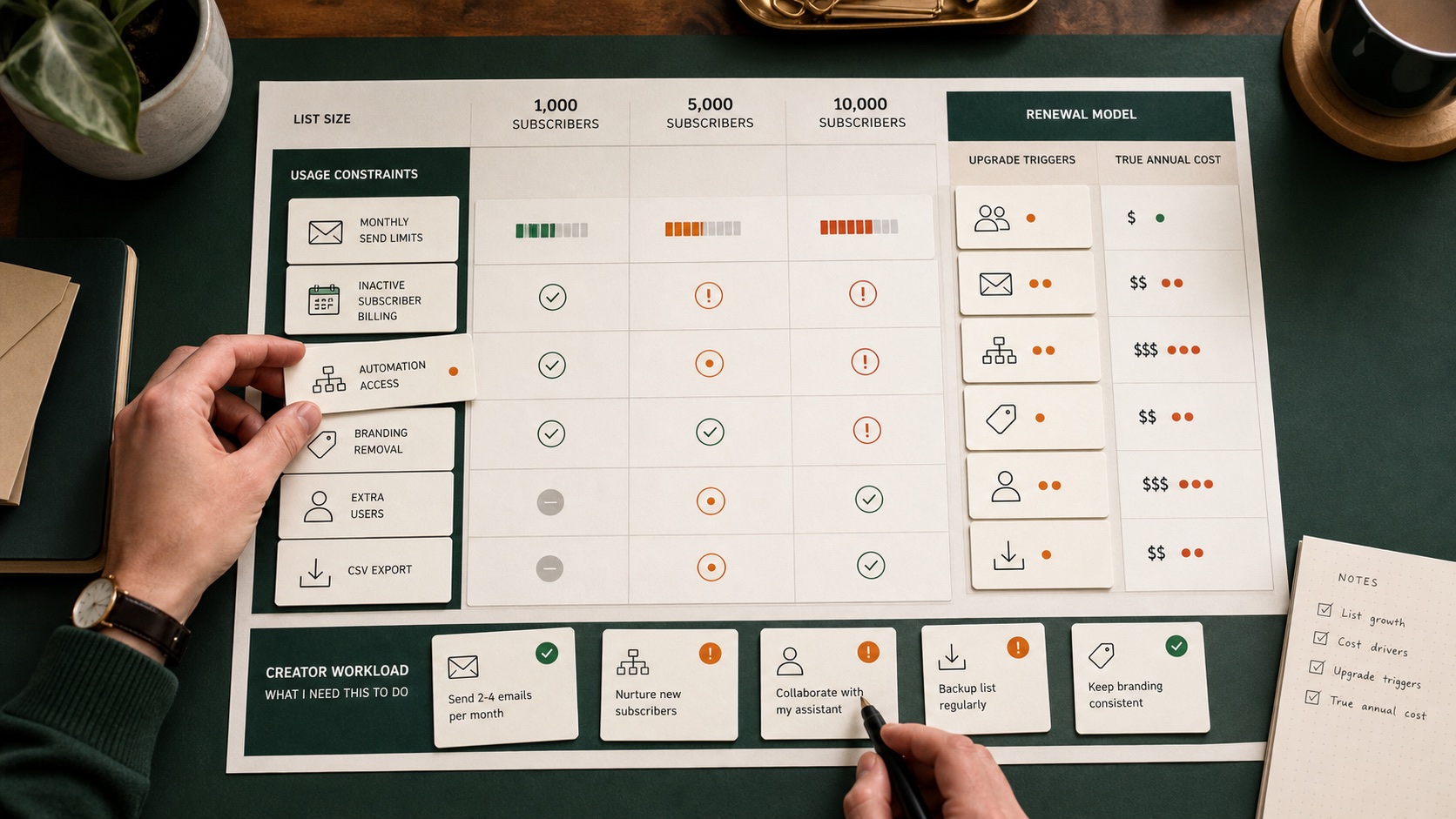 Creator matching list growth against send limits, automation access, export options, and renewal cost