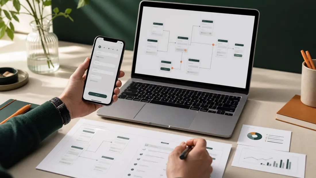 UX researcher testing a branching lead form on a smartphone and laptop