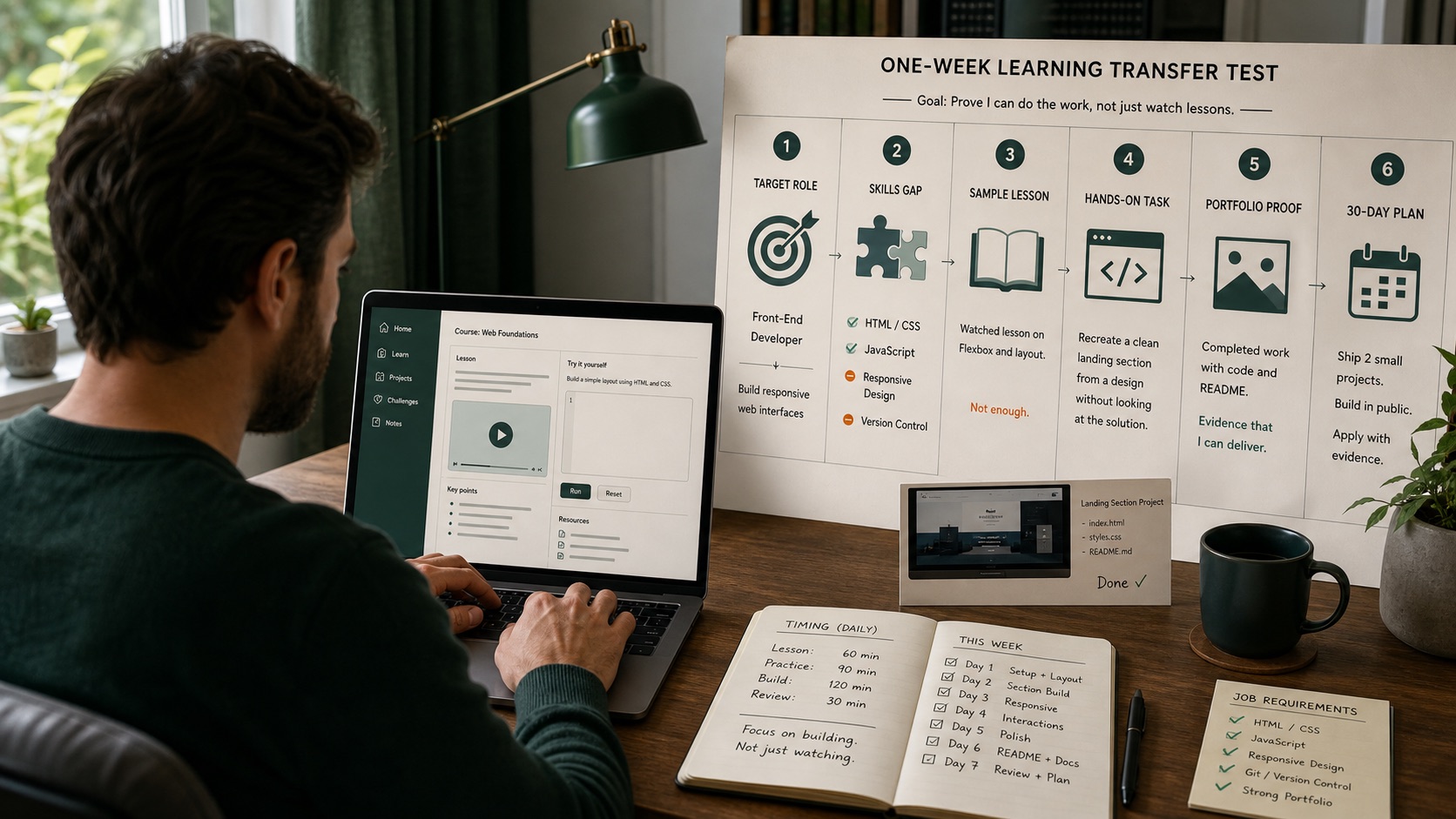 A career changer running a one-week learning transfer test from target role to portfolio proof