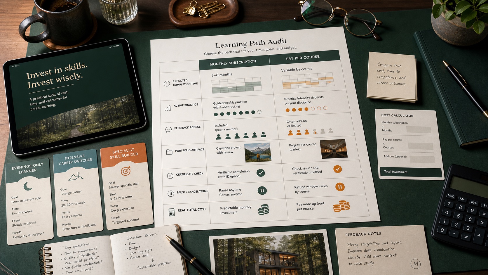 A learning path audit comparing completion time, active practice, feedback, portfolio evidence, and total cost