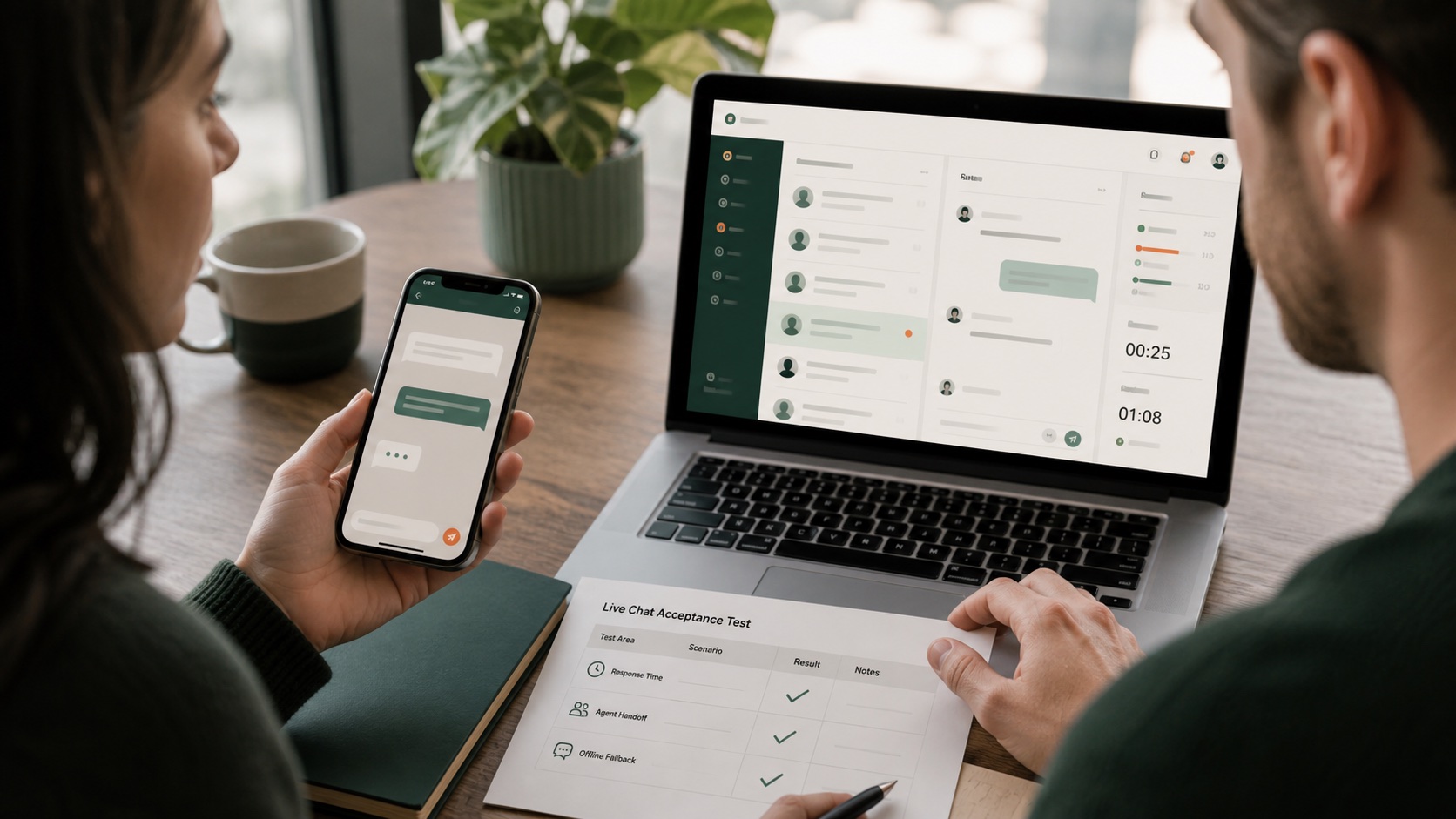 Small team testing visitor and agent live-chat flows, response time, handoff, and offline fallback