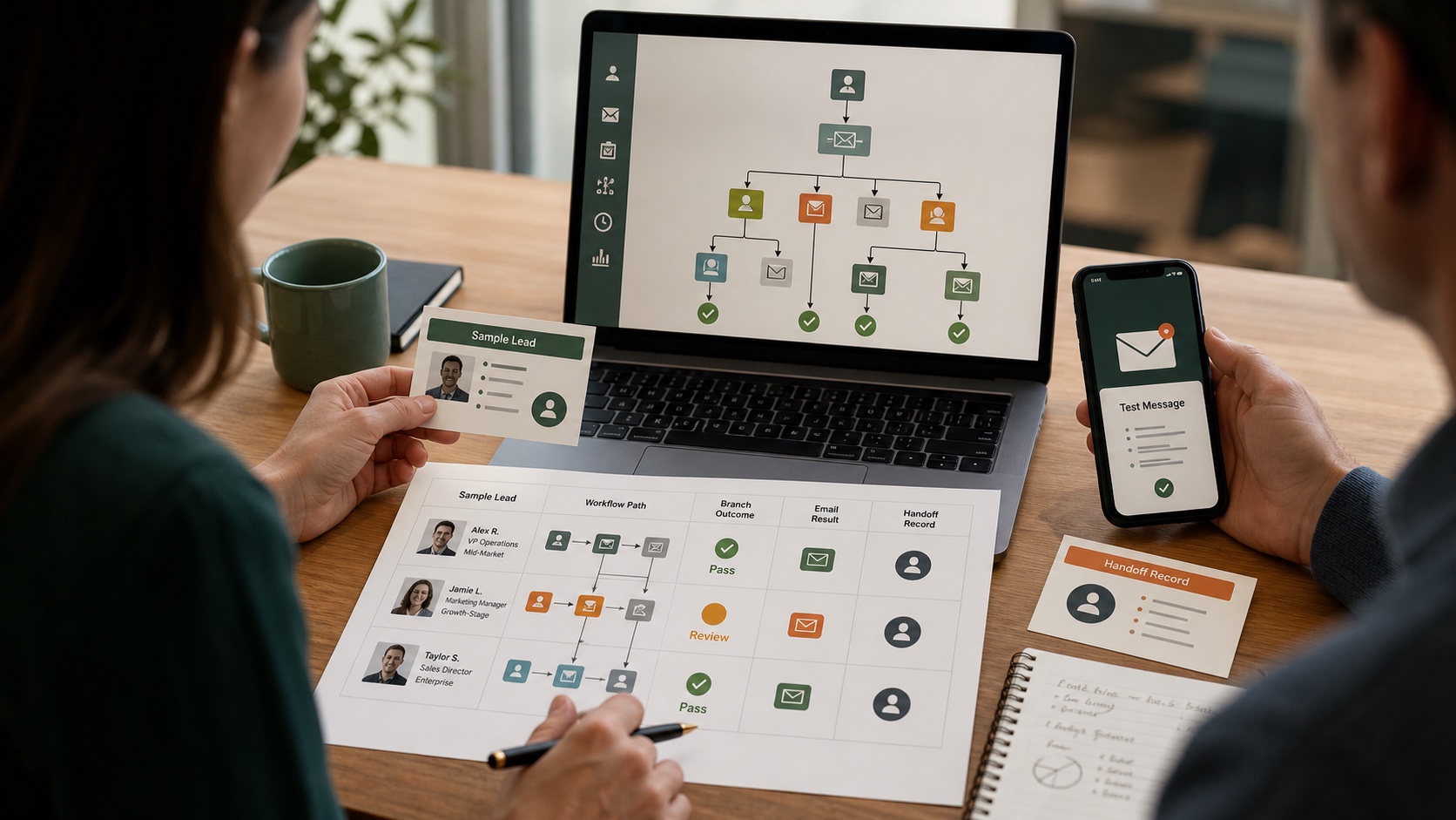 Marketing and sales team testing lifecycle branches, message delivery, and lead handoff