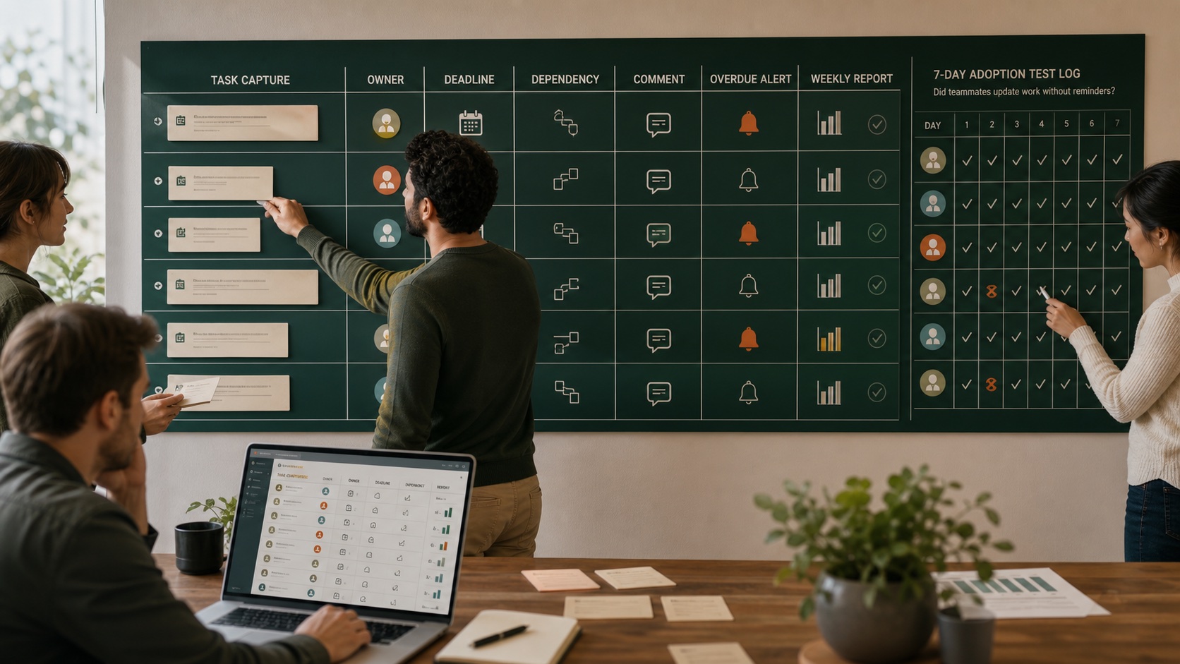 Small team testing task ownership, dependencies, alerts, reporting, and seven-day adoption