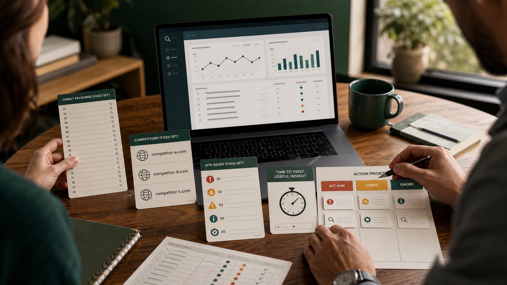 Editorial planning visual for validating a rank-tracking workflow