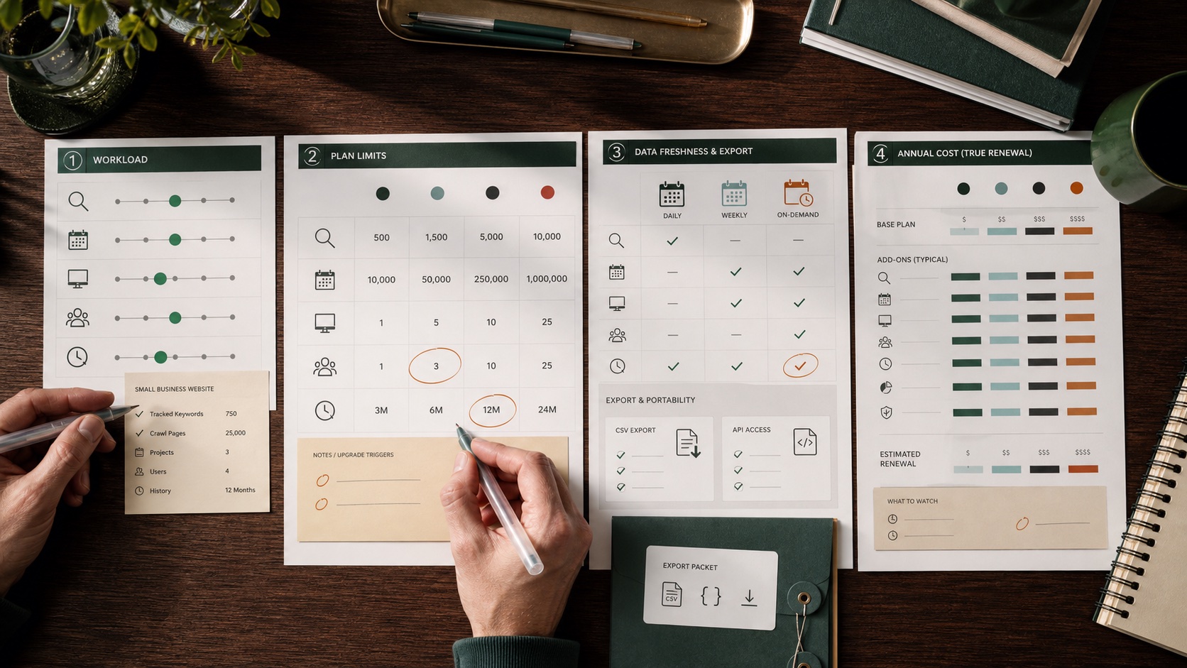 Editorial visual for comparing SEO plan limits and reporting needs