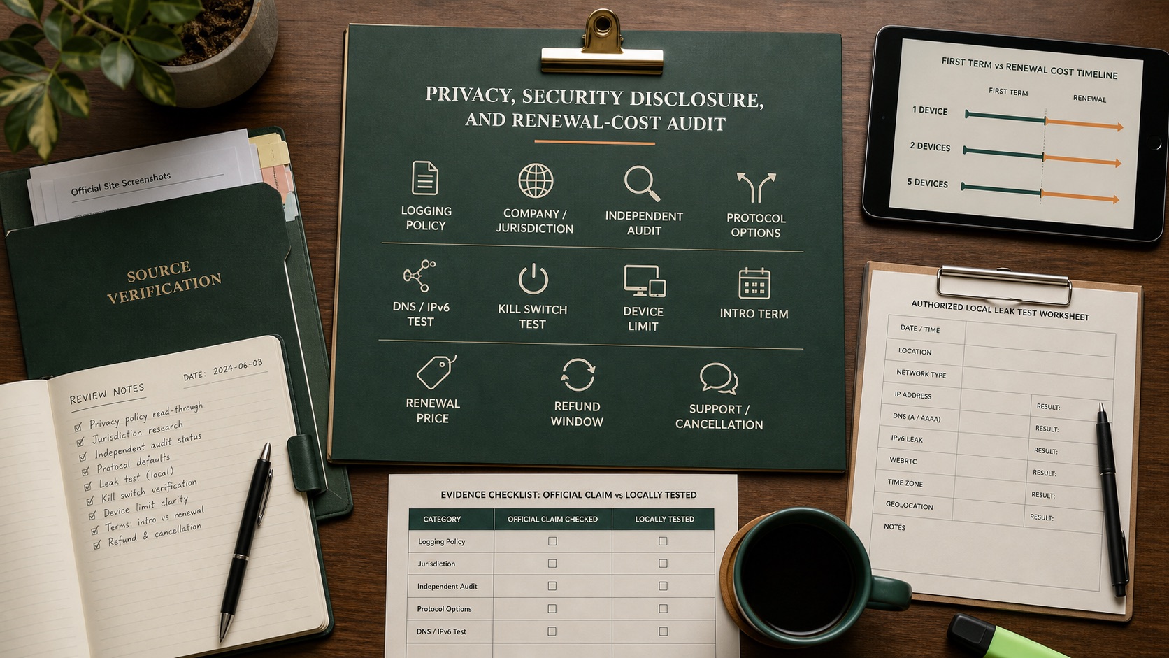 A VPN evidence audit covering privacy disclosures, local tests, device limits, renewal price, and cancellation terms