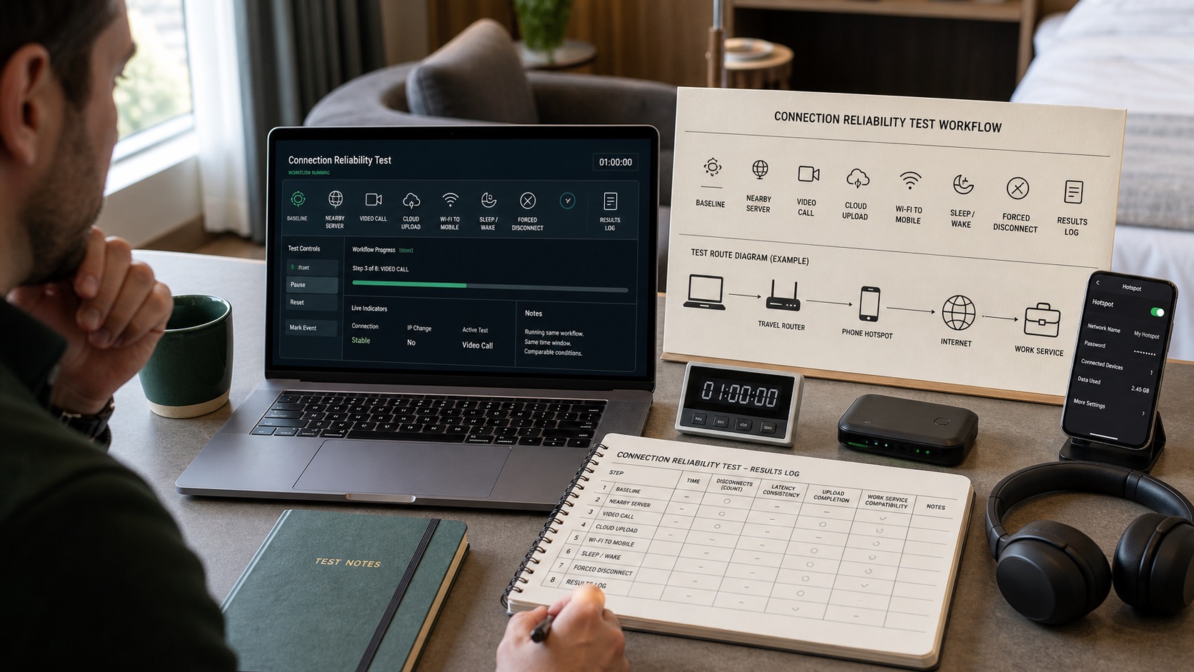 A remote professional running a controlled connection reliability test across real work scenarios