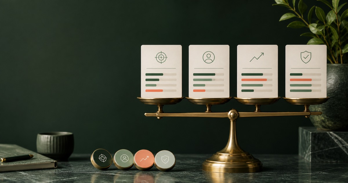 Editorial visualization of four CRM options on a balanced comparison scorecard