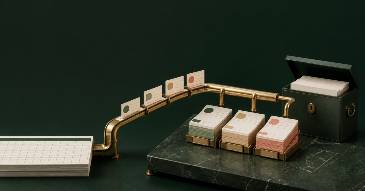 Editorial visualization of customer records moving through a controlled migration