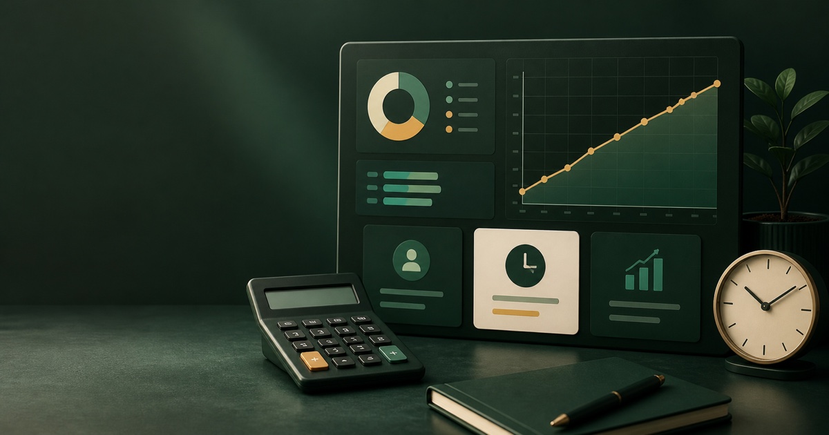 Editorial visualization of a sales planning calculator and performance dashboard