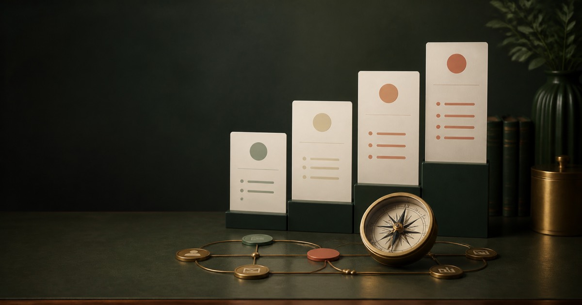 Editorial visualization of software plan tiers and a best-fit compass